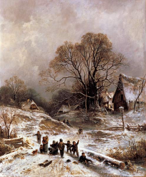 Children playing in the snow van Adolf Heinrich Lier