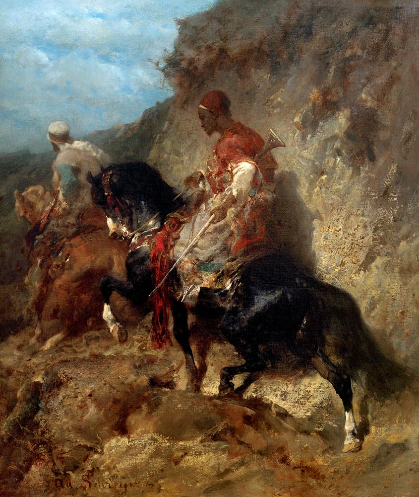Zwei arabische Reiter an einer Felswand van Adolf Schreyer