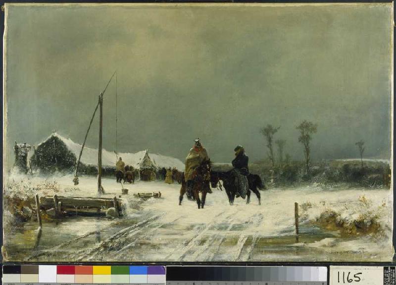Rastende Ulanen im Schnee in der Wallachei. van Adolf Schreyer