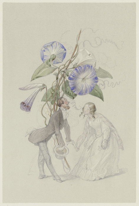 Ein Bouquet von blauen Winden, darunter ein sich voreinander verbeugendes Paar van Adolf Schroedter