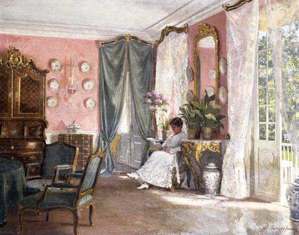 Lesende in einem Gartenzimmer. van Adolf Heinrich Hansen