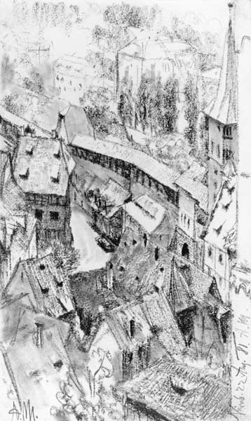Blick von der Burg in Nuernberg auf den kleinen Platz am Thiergaertner Tor mit dem Duererhaus im Mit van Adolph Friedrich Erdmann von Menzel