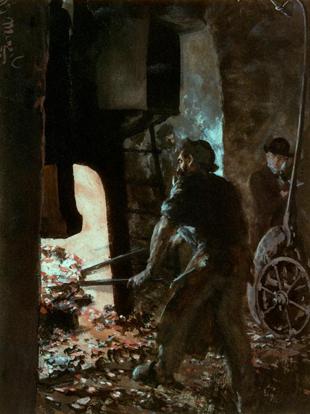 Autoportrait avec un ouvrier près d´un marteau-pilon van Adolph Friedrich Erdmann von Menzel