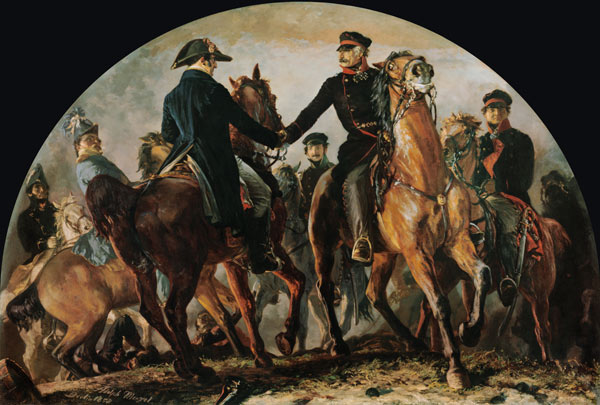 Blüchers Begegnung mit Wellington nach der Schlacht v. Belle-Alliance (Waterloo) van Adolph Friedrich Erdmann von Menzel