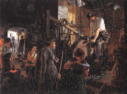 Atelier de rémoueur dans a forge de Hofgastein van Adolph Friedrich Erdmann von Menzel