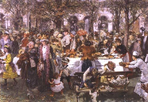 Buffet dressé pour le petit déjeuner par la boulangerie fine, à Kissingen van Adolph Friedrich Erdmann von Menzel