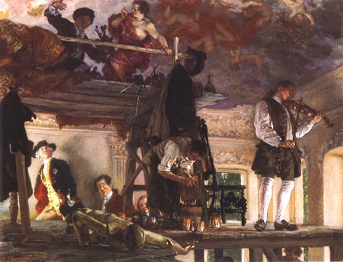 Le prince héritier Frédéric rend visite au peintre Pesne sur son échafaudage à Rheinsberg van Adolph Friedrich Erdmann von Menzel