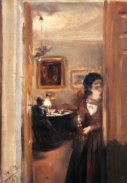 Wohnzimmer mit der Schwester des Künstlers van Adolph Friedrich Erdmann von Menzel