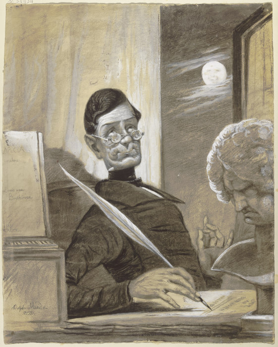 Der Musikschriftsteller Anton Schindler bei Mondschein an seinem Schreibtisch sitzend, neben ihm die van Adolph Mende