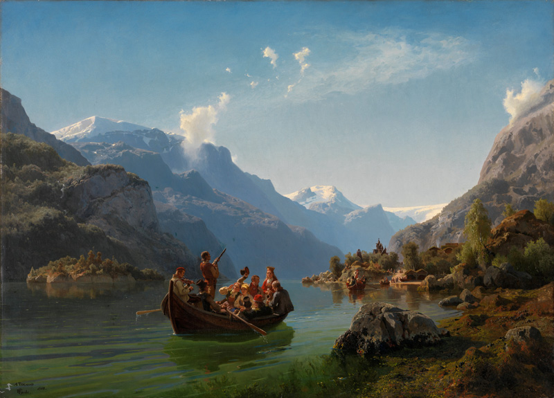 Brautfahrt auf dem Hardanger-Fjord van Adolph Tidemand