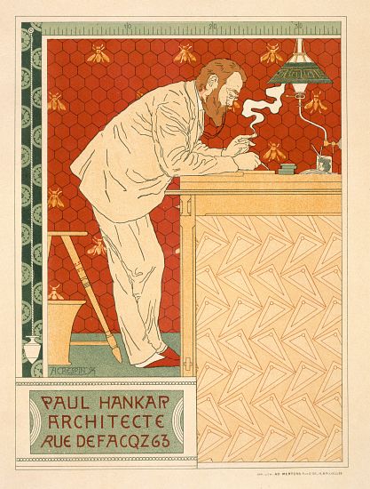 Reproduction of a poster advertising the architectural practice of Paul Hankar van Adolphe Louis Charles Crespin