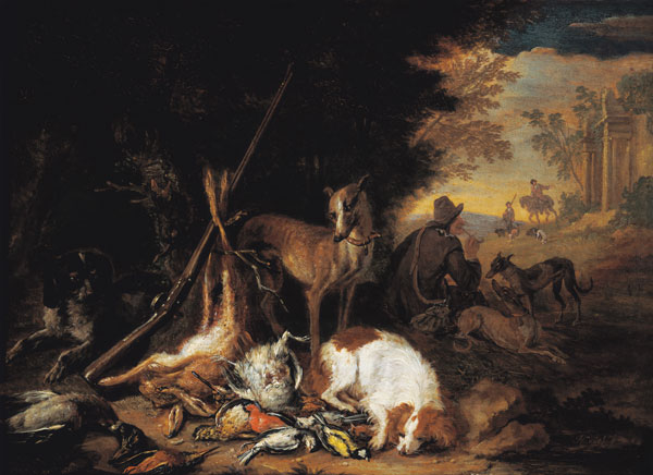 A Hunter with his Dogs van Adriaen de Gryef