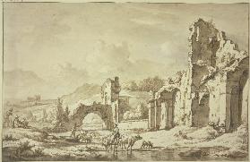 Landschaft mit römischen Ruinen, vorne reitet eine Hirtin mit der Herde durchs Wasser, links zwei Ma