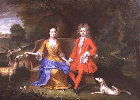 Portrait of Sir Charles Shuckburgh and his wife, Diana, with Shuckburgh Hall, Warwickshire in the ba van Adriaen van Diest