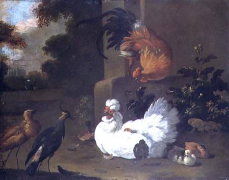 A Ruft, a Lapwing and chickens by a mounting block van Adriaen van Oolen