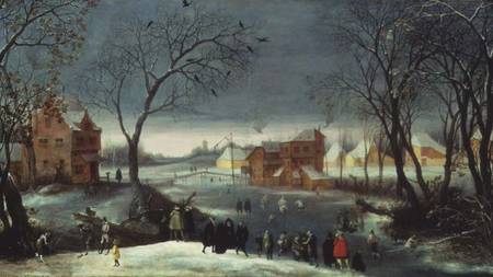 Winter Landscape with Skaters (panel) van Adriaen van Stalbemt