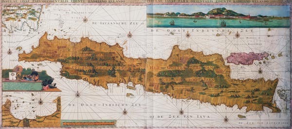 Insulae lavae, a large folding map of Java with two insets both depicting views of Batavia (Jakarta) van Adrian Reland