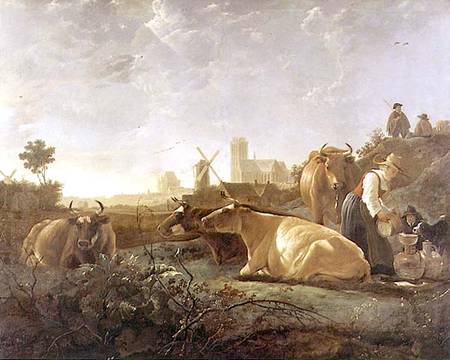 A Distant View of Dordrecht with Sleeping Herdsman and Five Cows ('The Small Dort') van Albert Cuyp