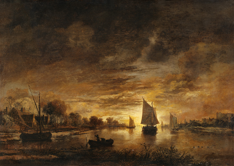 River Landscape with Ships at Moonrise van Aert van der Neer