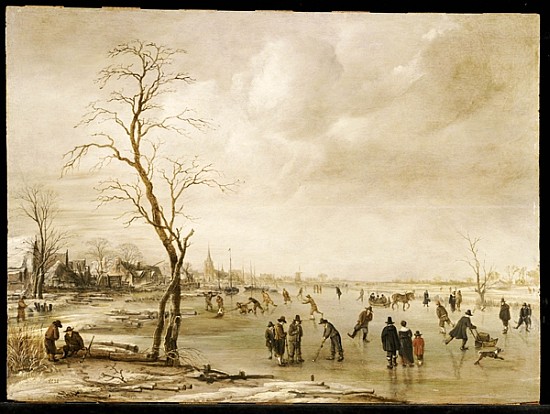 A Winter Landscape with Townsfolk Skating and Playing Kolf on a Frozen River, a Town Beyond van Aert van der Neer