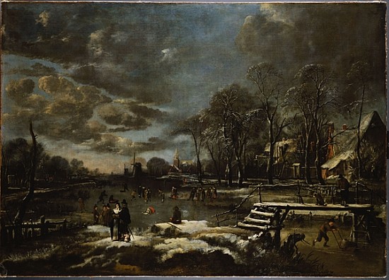A Winter River Landscape with Figures Playing Golf and Skating van Aert van der Neer