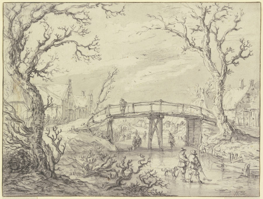 Über einen zugefrorenen Kanal bei einem Dorf eine Holzbrücke, vorne zwei Männer mit einem Hund van Aert van der Neer