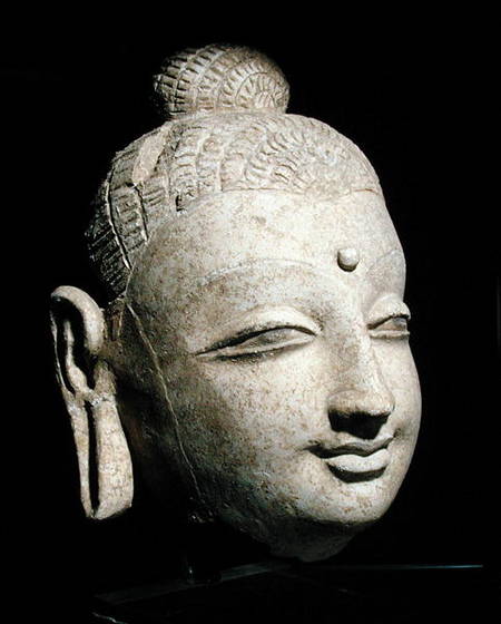 Head of a smiling Buddha, Greco-Buddhist style, from Afghanistan van Afghan School