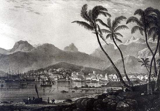 Port Louis from ''Views in the Mauritius'' by T.Bradshaw; engraved by William Rider van (after) BradshawT.