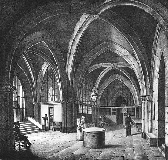 Interior view of the entrance room at the Conciergerie Prison; engraved by Alphonse Urruty (1800-70) van (after) Collard