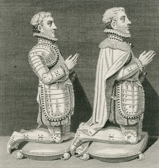 Henry Stuart, Lord Darnley and his brother Charles Stuart, Earl of Lennox, kneeling before their mot van (after) English School