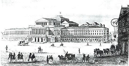 View of the Grand Theatre, Warsaw; engraved by Adam Pilinski (1810-87) van (after) Antonio Corazzi