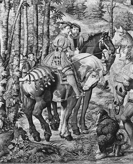 The Hunts of Maximilian, Leo, The Stag Hunt, the Report, Gobelins Factory (tapestry) van (after) Bernard van Orley