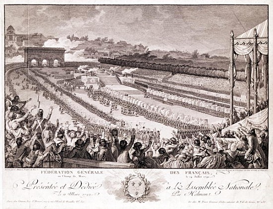 Festival of the Federation, 14 July 1790, at the Champ de Mars, late 18th century; engraved by Isido van (after) Charles Monnet