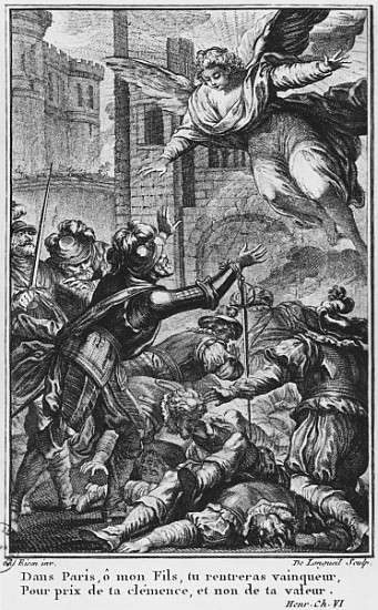Siege of Paris, apparition of St. Louis (1214-70) to Henri IV (1553-1610) ; engraved by Joseph de Lo van (after) Charles Joseph Dominique Eisen