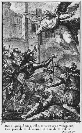 Siege of Paris, apparition of St. Louis (1214-70) to Henri IV (1553-1610) ; engraved by Joseph de Lo