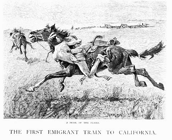 A Peril of the Plains, the First Emigrant Train to California; engraved by F.H.W. van (after) Frederic Remington