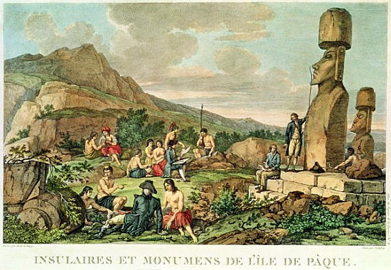 \\Islanders and Monuments of Easter Island\\\, plate 11 from the \\\Atlas de Voyage de La Perouse\\\ van (after) Gaspard Duche de Vancy