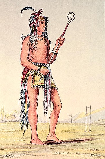 Sioux ball player Ah-No-Je-Nange, ''He who stands on both sides'' (hand-coloured litho) van (after) George Catlin