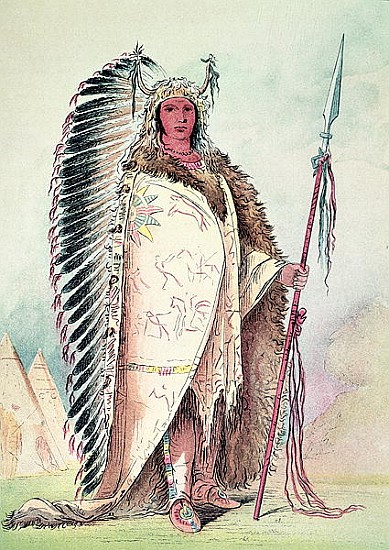 Sioux chief, ''The Black Rock'' (hand-coloured litho) van (after) George Catlin