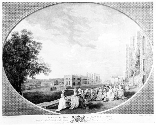 South East view of Windsor Castle, with the Royal Family on the terrace and a view of the Queen''s P van (after) George Robertson
