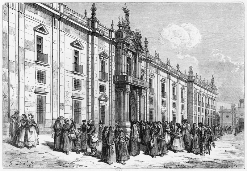 The tobacco factory at Seville; engraved by Charles Laplante (d.1903) van (after) Gustave Dore