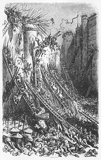 Attacking a castle or a fortified town, illustration from ''Les Contes Drolatiques'' Honore de Balza van (after) Gustave Dore