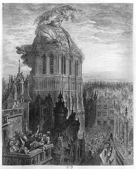 Gargantua on the towers of Notre-Dame at Paris, illustration from ''Gargantua'' Francois Rabelais (1 van (after) Gustave Dore