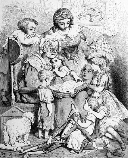 Grandmother telling a story to her grandchildren, illustrated title page from ''Les contes de Perrau van (after) Gustave Dore