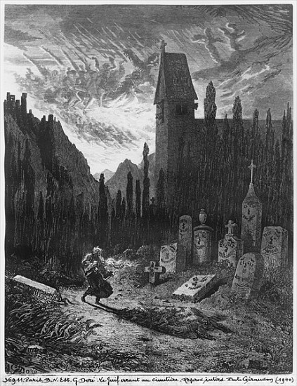 The Wandering Jew in the cemetery; engraved by Octave Jahyer (b.1826) van (after) Gustave Dore