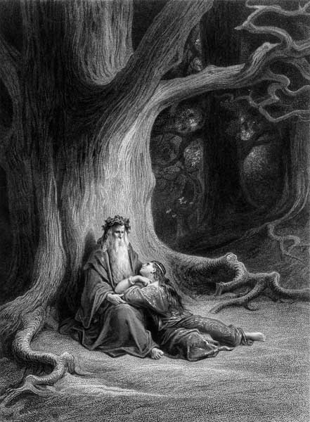 The Enchanter Merlin and the Fairy Vivien in the forest of Broceliande, from ''Vivien'', poem Alfred van (after) Gustave Dore