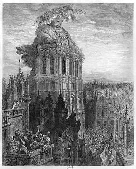 Gargantua on the towers of Notre-Dame at Paris, illustration from ''Gargantua'' Francois Rabelais (1