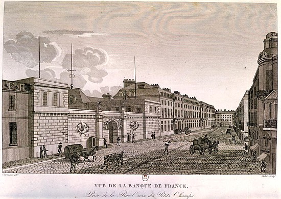 The Bank of France from Rue Croix-Petits-Champs; engraved by Eugene Dubois van (after) Henri Courvoisier-Voisin