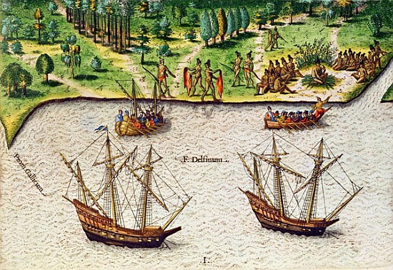 The Cape of Florida (Gallicum) and the Dolphin River (Fleuve Delphinium) from ''Brevis Narratio''; e van (after) Jacques (de Morgues) Le Moyne