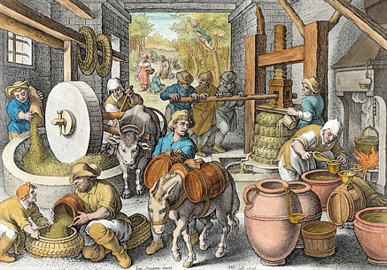 The Production of Olive Oil, plate 13 from ''Nova Reperta'' (New Discoveries) ; engraved by Philip G van (after) Jan van der (Giovanni Stradano) Straet